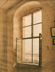 Duits: Blick aus dem Atelier des Künstlers in Dresden auf die Elbe (linkes Fenster) Uitzicht vanuit het atelier van de kunstenaar in Dresden aan de Elbe (linker raam)