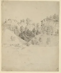 Duits: Landschaft mit einem Steinbruch Landschap met een steengroeve