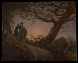 Twee mannen die naar de maan staren