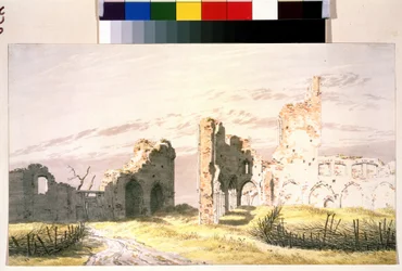 Uitzicht op de ruïnes van een klooster in Elden