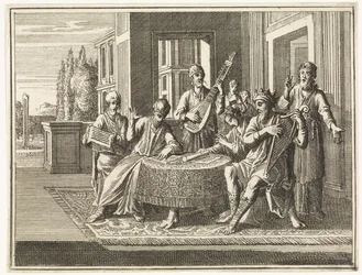 David zit aan een tafel en bespeelt de harp