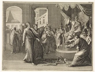 De in een slang veranderde staf van Mozes verslindt die van de Egyptische tovenaars