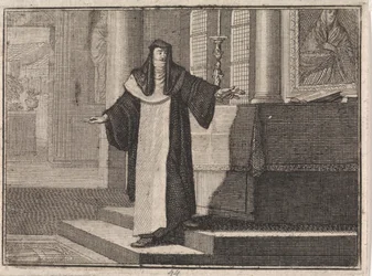 Non legt een sleutel op een altaar voor een afbeelding van Maria