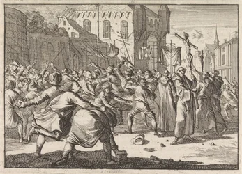 Processie begroet met steenworpen in Danzig, 1678