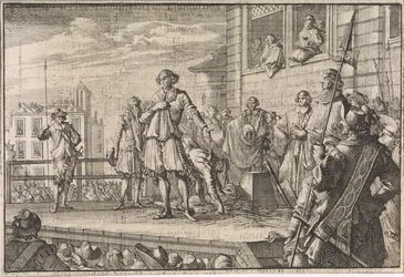 Thomas Wentworth, graaf van Strafford spreekt het volk toe vanaf het schavot, 1641