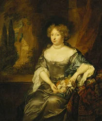 Portret van een dame, zittend, kleine driekwart lengte, in een grijze satijnen jurk, met een mand bloemen voor een raam, een standbeeld in een park daarachter