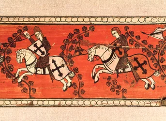 Ridders dragen vlaggen. Tempera op hout van de decoratie van een dak. 13e eeuw.