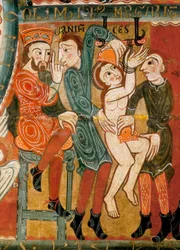 Het martelaarschap van Sint Margaretha, de heilige wordt gemarteld en vervolgens onthoofd, detail