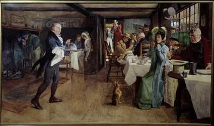 Ontbijt in de herberg. Schilderij door Cecil Aldin (1870 - 1935)