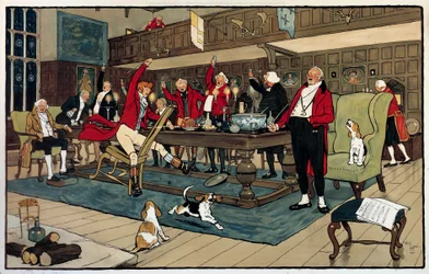 Ontbijt van de jager. Terug van de jacht vertellen de jagers hun heldendaden. Gravure door Cecil Aldin (1870 -? ), Engeland. Coll. Go.