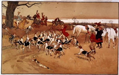 Jachtscène rennen; schieten. Gravure door Cecil Aldin (1870 -?), Engeland. Coll. Part