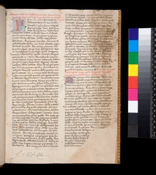 Ms 148. Gregorius de Grote, Dialogi in Italiaanse vertaling door Domenico Cavalca, f.1r Versierde letters [P] en [D] in rood met penwerkdecoratie in blauw