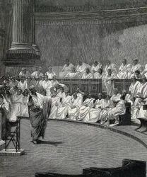 Cicero beschuldigt de samenzweerder Catilina (gravure)