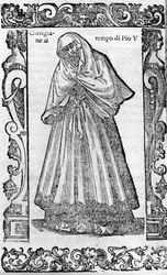 Renaissance: een courtisane ten tijde van paus Pius V (1566-1572). Gravure uit 