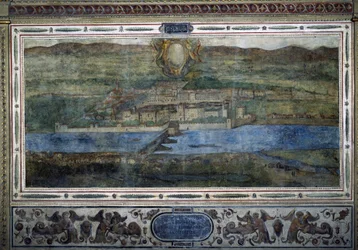 Uitzicht op de stad Innsbruck, Oostenrijk. Uitzicht op de steden van het Habsburgse Rijk. Fresco van het Michelozzo Hof in het Palazzo Vecchio in Florence. Schilderij door Sebastiano Veronese Giovanni Lombardi, Cesare Baglioni en Turino da Piamonte, circa 