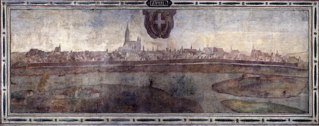 Uitzicht op de stad Wenen, Oostenrijk. Uitzicht op de steden van het Habsburgse Rijk. Fresco van het Michelozzo Hof in het Palazzo Vecchio in Florence. Schilderij door Sebastiano Veronese Giovanni Lombardi, Cesare Baglioni en Turino da Piamonte, circa 1565