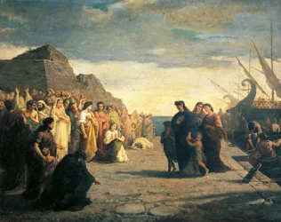 Agrippina arriveert in de haven van Brindisi met de as van Germano, door Cesare Caroselli