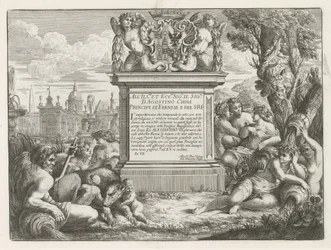 Opdracht aan en wapen van Agostino Chigi en gezicht op Rome