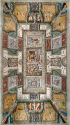 Pier Maria Rossi met de eer van de Orde van Sint-Michiel, Zicht op het plafond van de Sala delle Gesta Rossiane, Rocca dei Rossi, San Secondo, Parma, Italië, ca.1570
