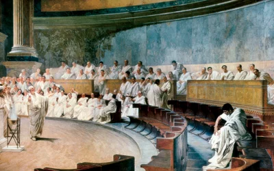 Cicero ontmaskert Catilina op 8 november 63 v.Chr. De scène speelt zich af in de Romeinse Senaat, fresco uitgevoerd tussen 1882 en 1888 door Cesare Maccari