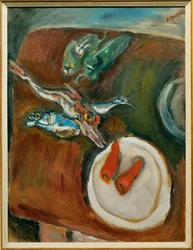 Stilleven met vis, paprika en wortelen, ca.1918 (schilderij op doek)
