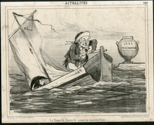 Illustratie van Cham (1819-1879) in Le Charivari, circa 1850 - De Prins van Joinville met een slechte piloot - Verkiezingen, President van de Republiek, Maritieme Marine Nautique Balneaire - Thiers Adolphe, Francois d