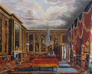 Japanse kamer, Gravure door Richard Reeve (geboren in 1780), Gebaseerd op ontwerp van Charles Wild (1781-1835), Uit The History of the Royal Residences