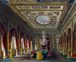Troonzaal, gravure door Thomas Sutherland, gebaseerd op ontwerp door Charles Wild, uit The History of the Royal Residences