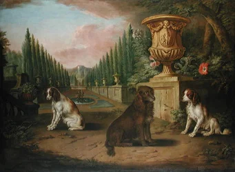 Drie spaniëls in een formele tuin, c.1730