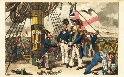 Kapitein Spring maakt adelborst Newcome zijn adjudant en overhandigt hem zijn zwaard op het achterdek van HMS Victory