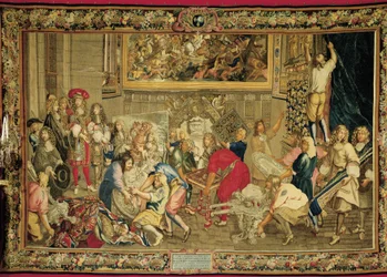 Lodewijk XIV bezoekt de Gobelins-fabriek