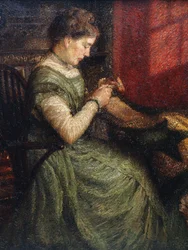 Portret van een Dame Zittend in een Fauteuil aan het Naaien