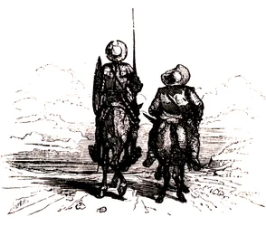 Don Quichot op zijn paard, naast Sancho op zijn ezel