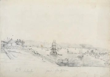 Rechts, het kamp van de Fransen van de Baudin-expeditie naar Bennelong Point, links, Sydney, huis van Nicolas Bayley - potlood en inkt door Charles Alexandre Lesueur