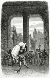 Quasimodo redt Esmeralda van executie - illustratie uit Notre Dame de Paris, 19e eeuw