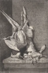Jachttrofee met wildvogels en konijn, 1850-1900