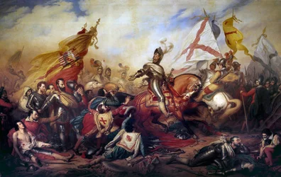 Godsdienstoorlogen (1562-1598): „Koning Hendrik IV van Frankrijk (1553-1610) bij de Slag bij Ivry op 14/03/1590”. Het koninklijke leger overwon het leger van de Katholieke Liga. Detail van het schilderij van Charles de Steuben (1788-1856), 19e eeuw. H.