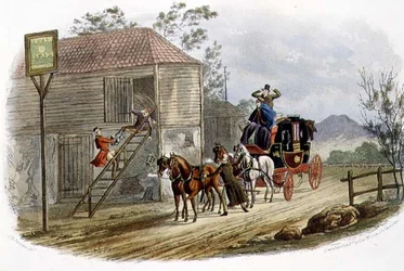 "Een luie paardenverzorger voor de postkoets", gegraveerd door R.G. Reeve