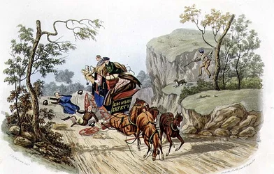 "Ongelukken gebeuren bij de best uitgeruste koetsen!", gegraveerd door R.G. Reeve, uitgegeven door Thomas McLean