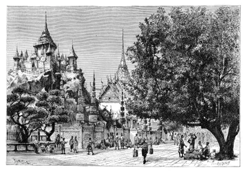 Een straat in Bangkok, Thailand, 1895.