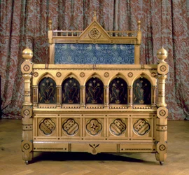 Gotische Revival Ingelegd Bed met Gestoffeerd Hoofdeinde, gemaakt door Marsh & Jones, ca.1866 (hout)