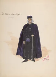 Kostuum voor Sir Olivier McText, beschrijvend blad van accessoires, 1889