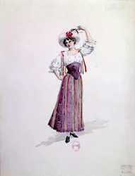 Kostuum van jonge vrouw (Nedda of Colombine?) voor de opera 