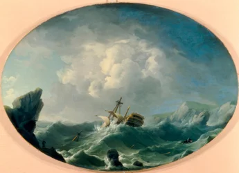 Een Brits oorlogsschip in ruwe zeeën voor een rotsachtige kust