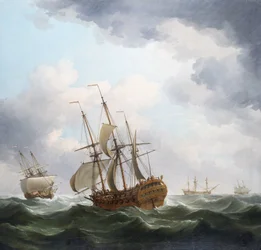 Een Brits handelsschip van de Oost-Indische Compagnie, gevangen in een stormwind