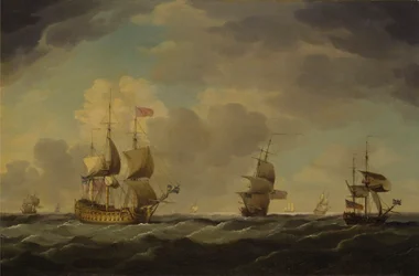 Een Engels vlaggenschip onder gemakkelijke zeil in een matige bries
