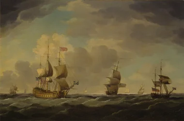Een Engels vlaggenschip onder gemakkelijke zeil in een matige bries