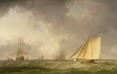 Cutter scherp aan de wind in een frisse bries, met andere schepen, ca. 1750