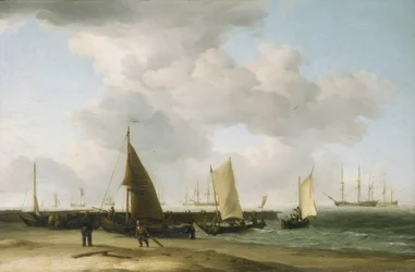 Scène aan de kust, met een oorlogsschip aan de horizon