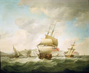 Handelsschip en een koninklijk jacht in de wind, voor de kust van Dover (Engeland)